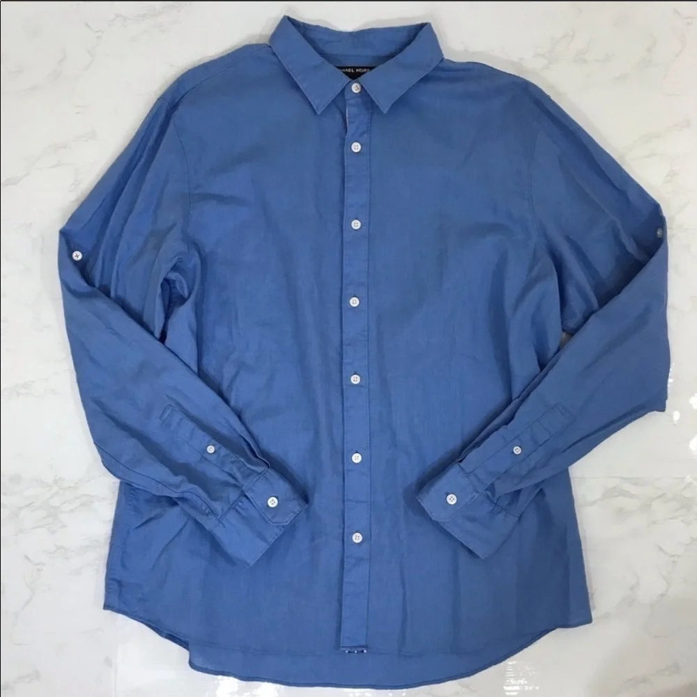 MICHAEL KORS Mens Blue Linen Collared Buttondown Casual Shirt